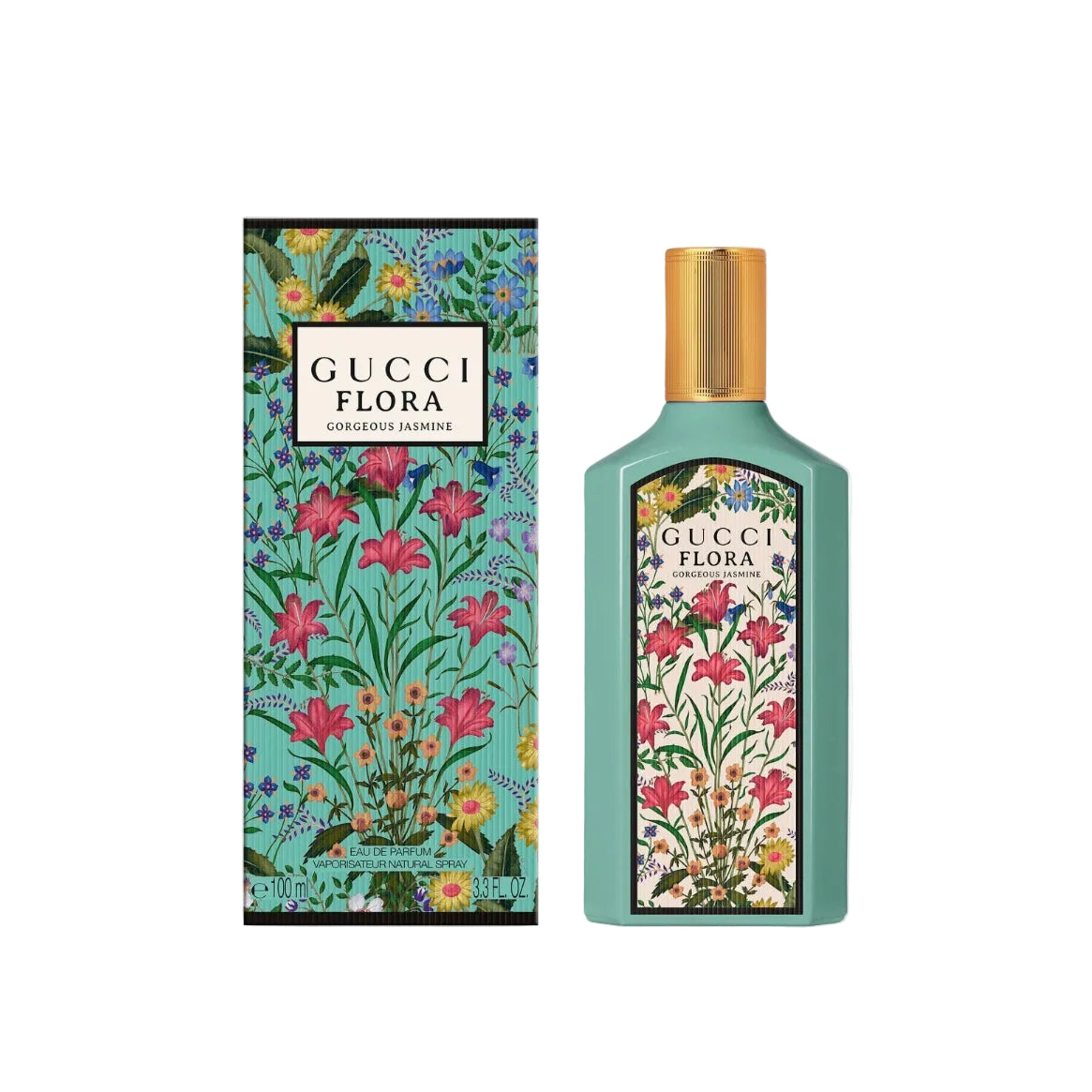 Gucci Flora Gorgeous Jasmine Eau de Toilette bottle and its matching box, featuring a light green base with a vibrant multicolor floral print of pink lilies and yellow flowers, complete with a gold cap.