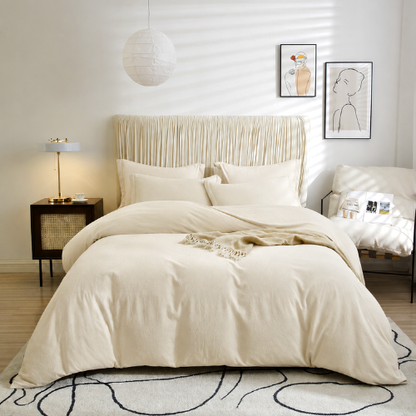 Queen size 6 Pieces Duvet cover set, Soft Wrinkles fabric Washable Cotton, Light Beige Color