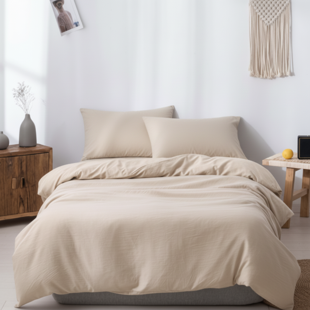 Beige bedding set on a bed in a bedroom with wooden nightstands and decor.