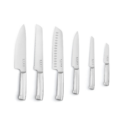 Set of six knives with silver handles on a white background