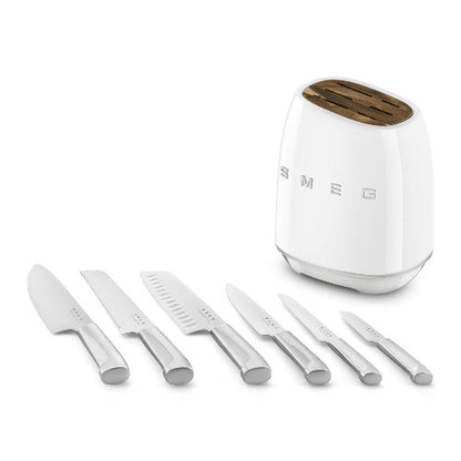Set of knives and a white toaster with wooden top on a white background, featuring the SMEG logo.