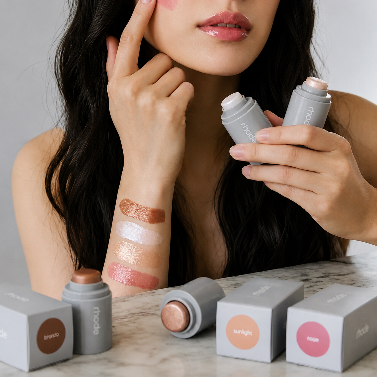 Rhode New Set of 4 Pcs Natural Brightening Shimmer Makeup Vine Pocket Highlighter and Eyeshadow Glow Stick.