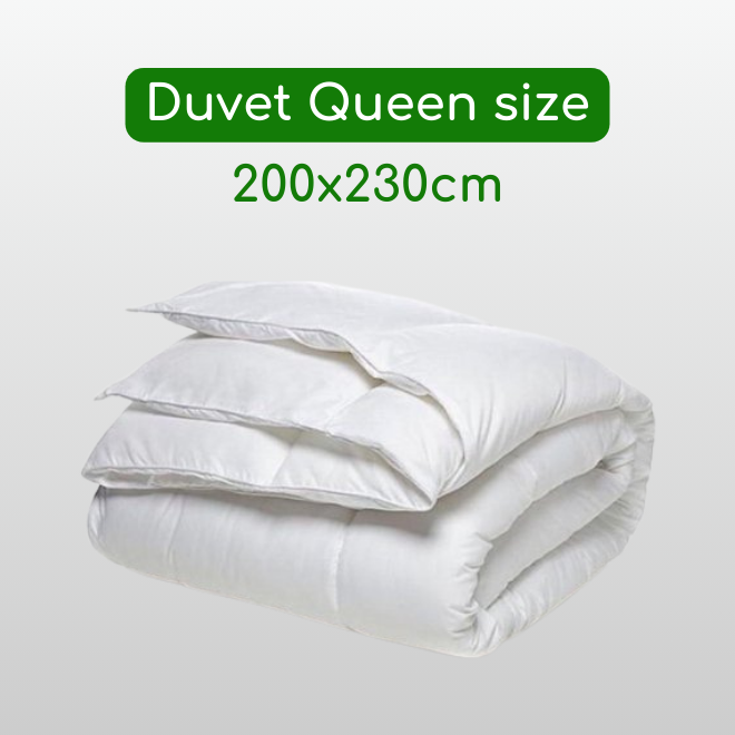 White duvet labeled as 'Duvet Queen size 200x230cm' on a light gray background