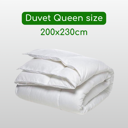 White duvet labeled as 'Duvet Queen size 200x230cm' on a light gray background