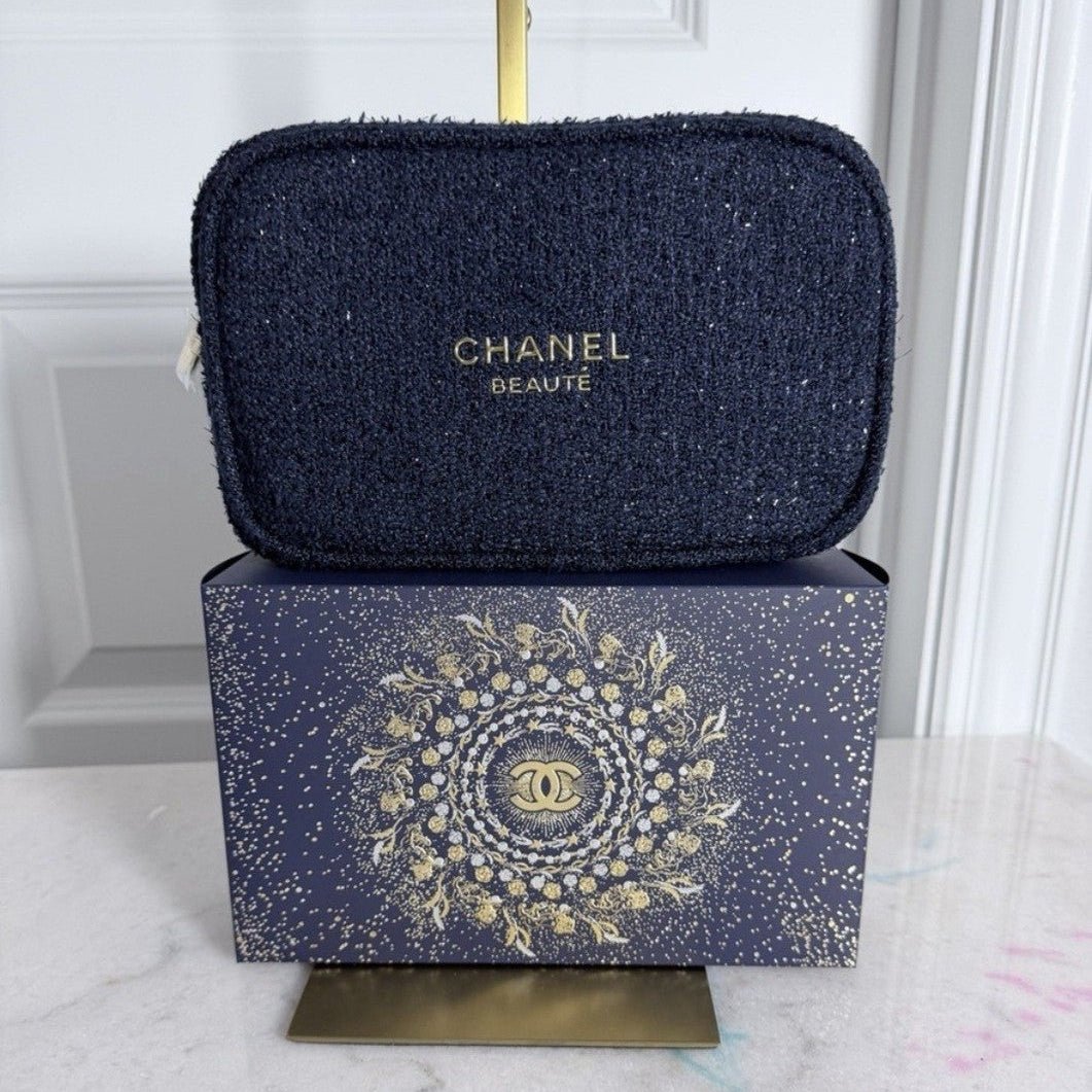 Chanel Beauty Cosmetic Luxury Navy Tweed Bag - BusDeals