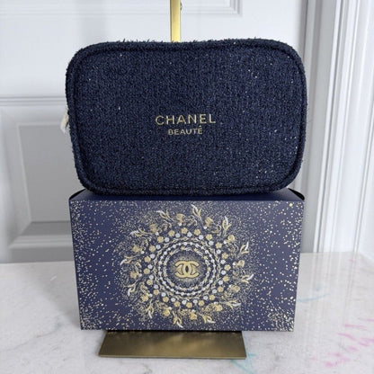 Chanel Beauty Cosmetic Luxury Navy Tweed Bag - BusDeals