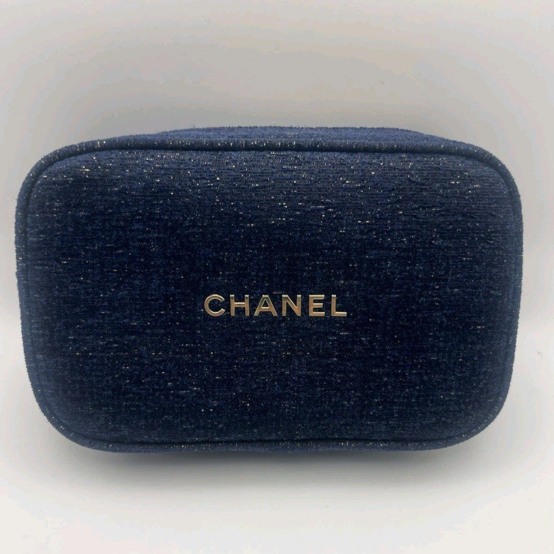 Chanel Beauty Cosmetic Luxury Navy Tweed Bag - BusDeals