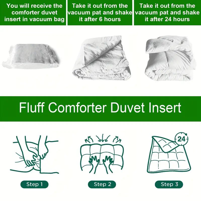 Instructions for using a fluff comforter duvet insert with images and text.