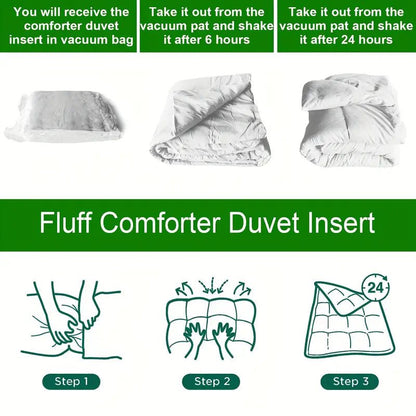 Instructions for using a fluff comforter duvet insert with images and text.