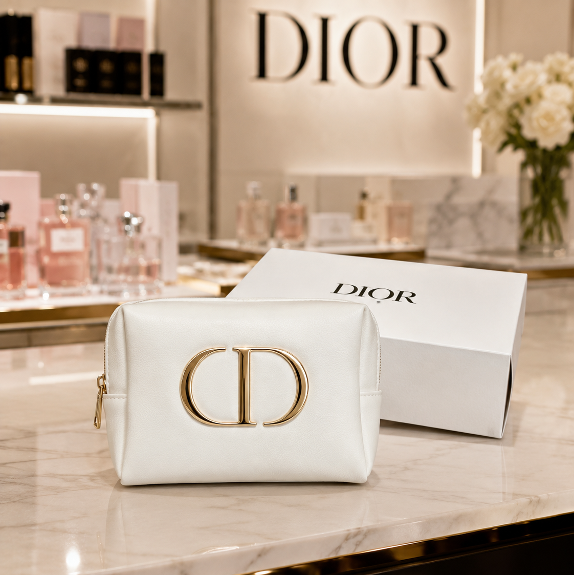 A white Dior cosmetic pouch with a large gold-tone interlocking CD logo, displayed on a marble counter next to its white Dior box. The background shows a softly blurred Dior store interior with perfume bottles and a large Dior logo.