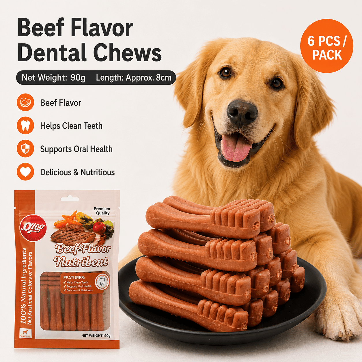High Calcium Beef Flavor Dog Cleaning Teeth Bone Dental Snack Toothbrush Shape, 90 g - 6 Pieces - BusDeals