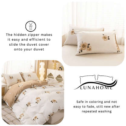 King 6-piece beige duvet cover set featuring a beautiful rose design and reversible style.