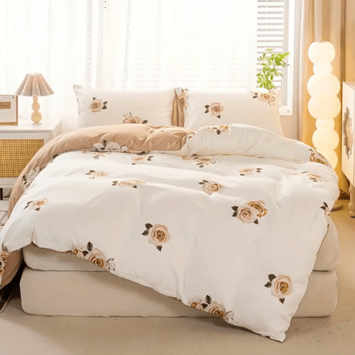 King 6-piece beige duvet cover set featuring a beautiful rose design and reversible style.