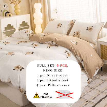 King 6-piece beige duvet cover set featuring a beautiful rose design and reversible style.