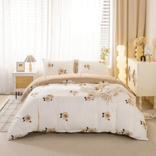 King 6-piece beige duvet cover set featuring a beautiful rose design and reversible style.