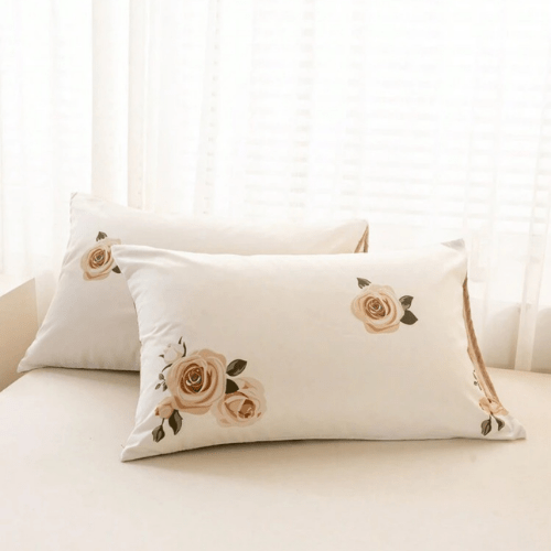 King 6-piece beige duvet cover set featuring a beautiful rose design and reversible style.
