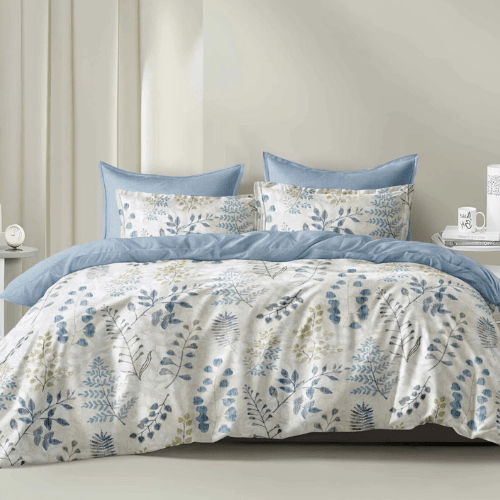 King size 6 piece bedding set, featuring a beautiful blue leaf design.