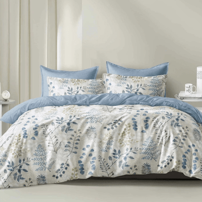 King size 6 piece bedding set, featuring a beautiful blue leaf design.