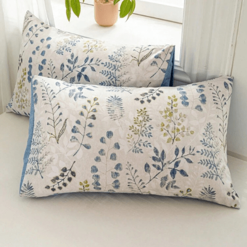 King size 6 piece bedding set, featuring a beautiful blue leaf design.