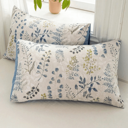 King size 6 piece bedding set, featuring a beautiful blue leaf design.