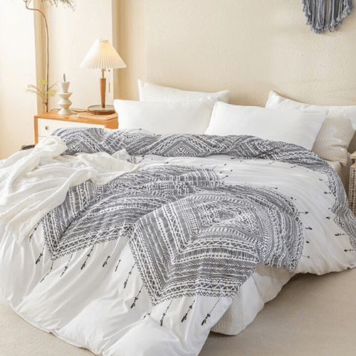 King size 6 piece boho bedding set in black and white without filling.