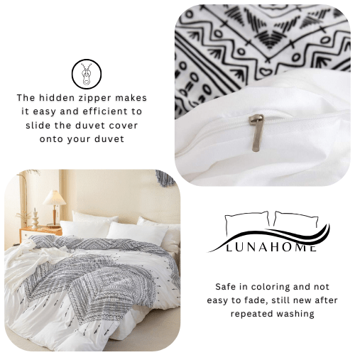 King size 6 piece boho bedding set in black and white without filling.