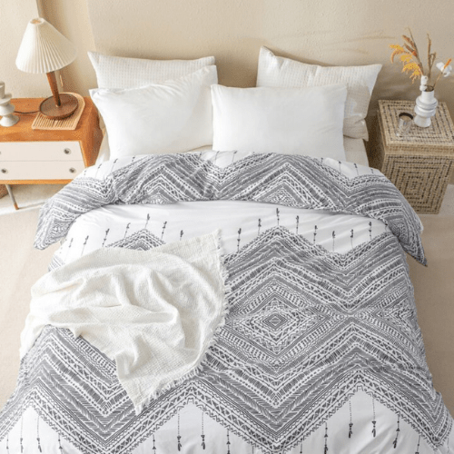 King size 6 piece boho bedding set in black and white without filling.