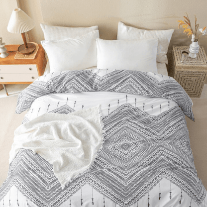 King size 6 piece boho bedding set in black and white without filling.