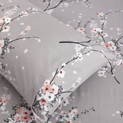 Queen size 6 piece duvet cover set gray plum blossom bedding set.