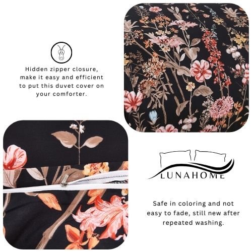 King Size 6 pieces, duvet cover set, black color floral design. - BusDeals