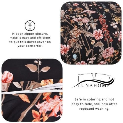 King Size 6 pieces, duvet cover set, black color floral design. - BusDeals
