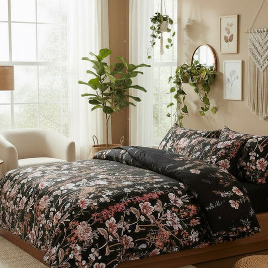 King Size 6 pieces, duvet cover set, black color floral design. - BusDeals