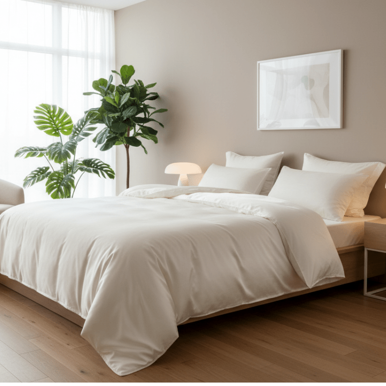 Neatly made bed in a bedroom with a plant and framed picture on the wall.