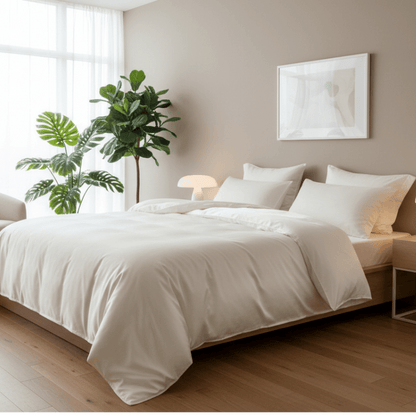 Neatly made bed in a bedroom with a plant and framed picture on the wall.
