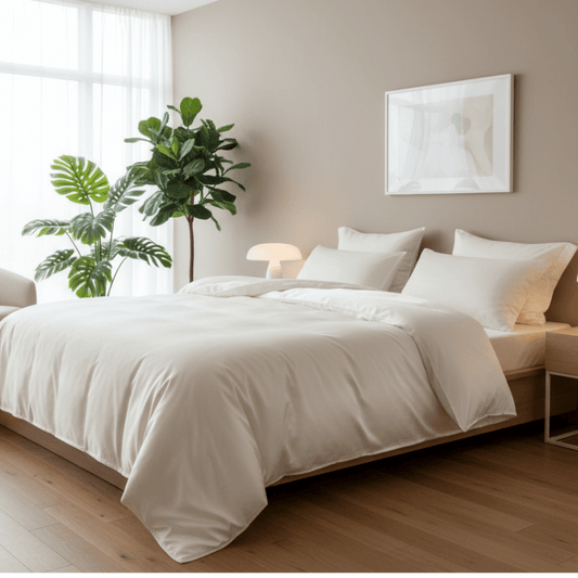 Neatly made bed in a bedroom with a plant and framed picture on the wall.