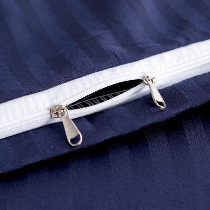 King Size 6 Pieces Premium Satin Stripe Duvet Cover, Dark Blue. - BusDeals