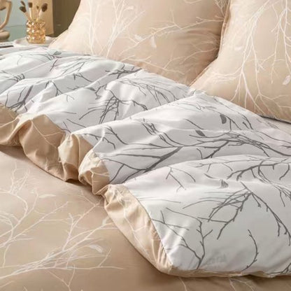 Queen Size 6 Pieces , Reversible Duvet Cover Set, Pine Brown Color, Twigs Design