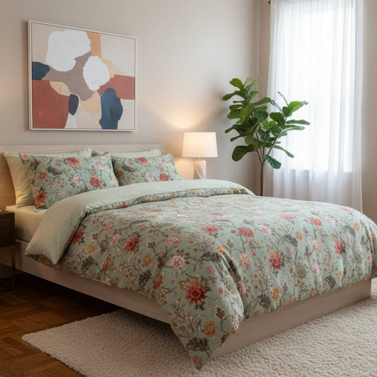 King Size 6 Pieces, Reversible Style Duvet Cover Set, Roses Design with Dark Khaki Color.