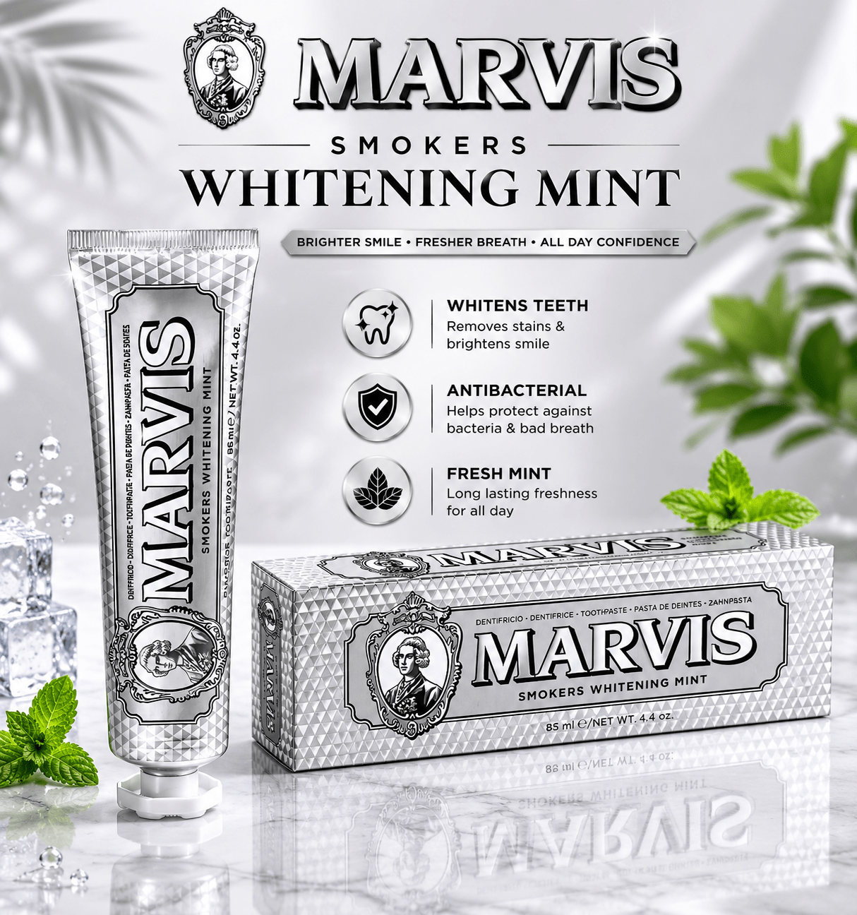 Marvis Smokers Whitening Toothpaste, Mint, 85ml, Promotes the Natural Whitening of the Teeth, Plaque Removal Toothpaste, Long