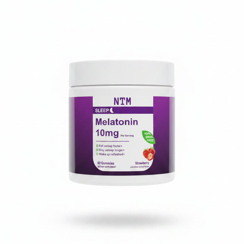 A white plastic jar of NTM Sleep Melatonin 10mg, featuring a purple label with white text and a small strawberry graphic, set against a plain white background with a soft shadow underneath.