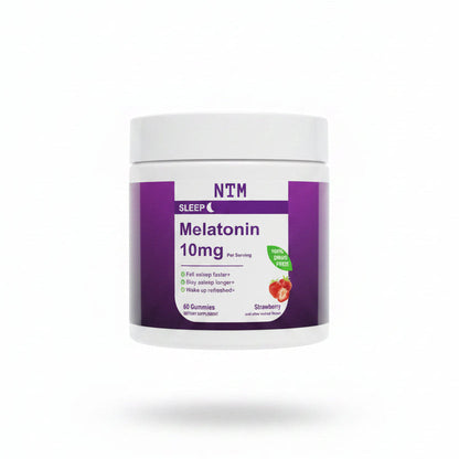 A white plastic jar of NTM Sleep Melatonin 10mg, featuring a purple label with white text and a small strawberry graphic, set against a plain white background with a soft shadow underneath.