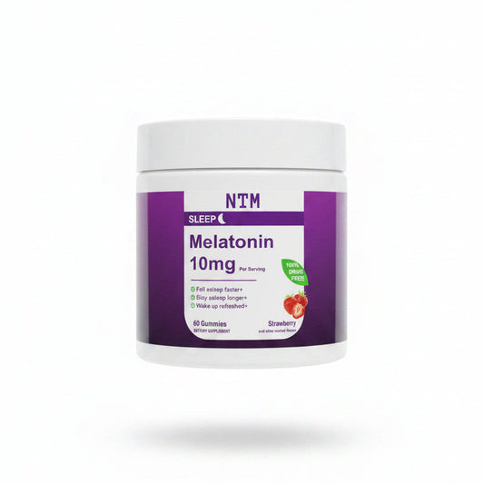 A white plastic jar of NTM Sleep Melatonin 10mg, featuring a purple label with white text and a small strawberry graphic, set against a plain white background with a soft shadow underneath.