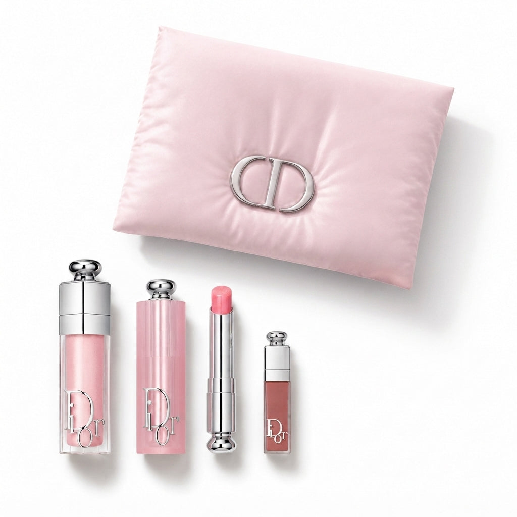 Beauty Puffy Pink Pouch with Dior Addict Lip set 001 Pink and Gift Shopping bag