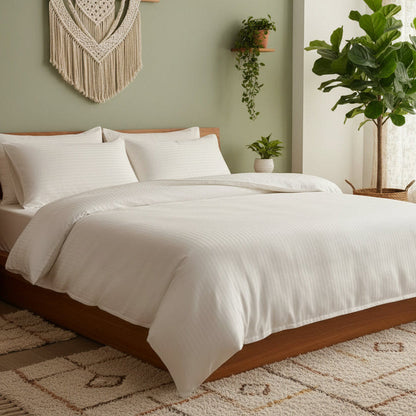 Satin Stripe Design King Size Bedsheet Luxury Solid Powder White Premium bedding set Dubai bedroom UAE Hotel Quality- BusDeals