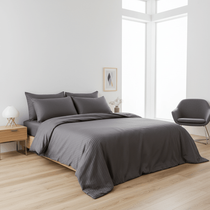 Premium King Size 6 Pieces Bedding Set Satin Silky Stripe Quality, Solid Dark Gray Color. - BusDeals