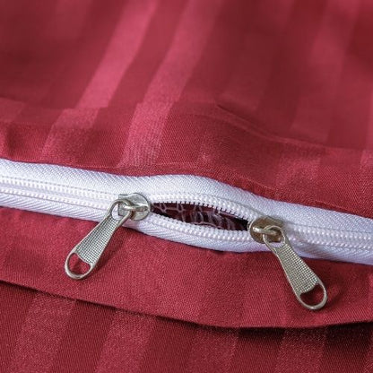 Premium King Size 6 Pieces Bedding Set without filler, Solid Berry Red Color, Satin Stripe Design - BusDeals