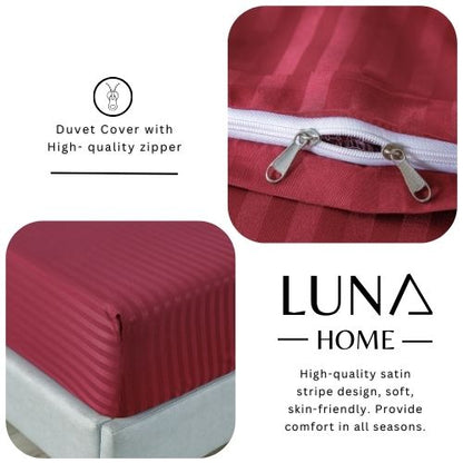Premium King Size 6 Pieces Bedding Set without filler, Solid Berry Red Color, Satin Stripe Design - BusDeals
