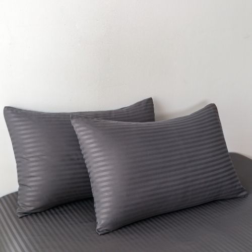 Premium King Size 6 Pieces Bedding Set without filler, Solid Dark Gray Color, Satin Stripe Design. - BusDeals