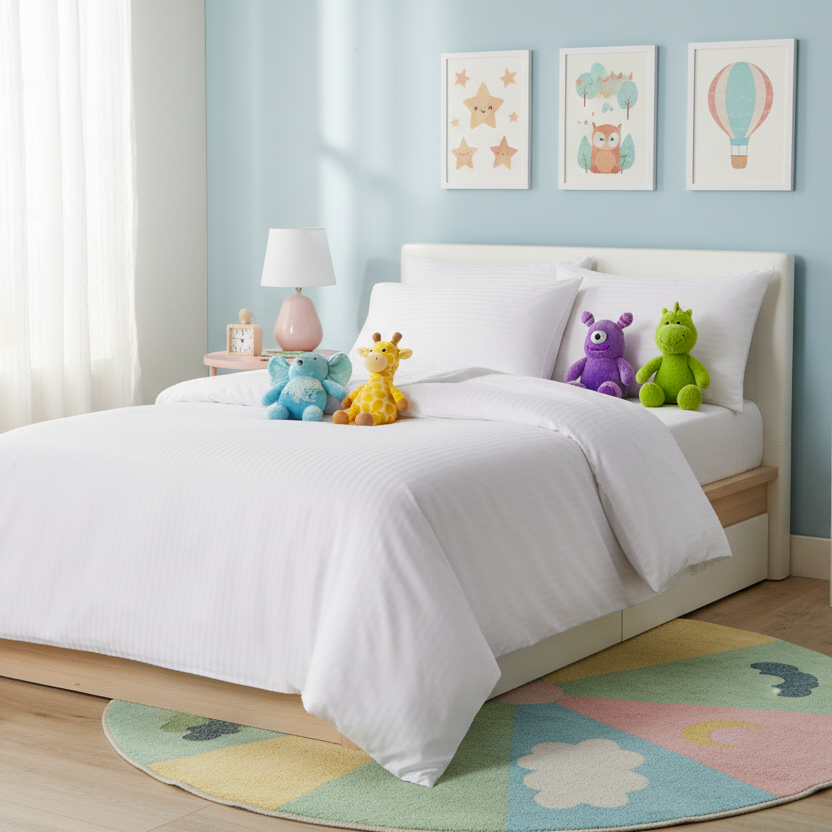 Satin Stripped Single size 4-piece bed linen, white color.