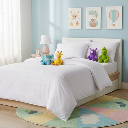 Satin Stripped Single size 4-piece bed linen, white color.